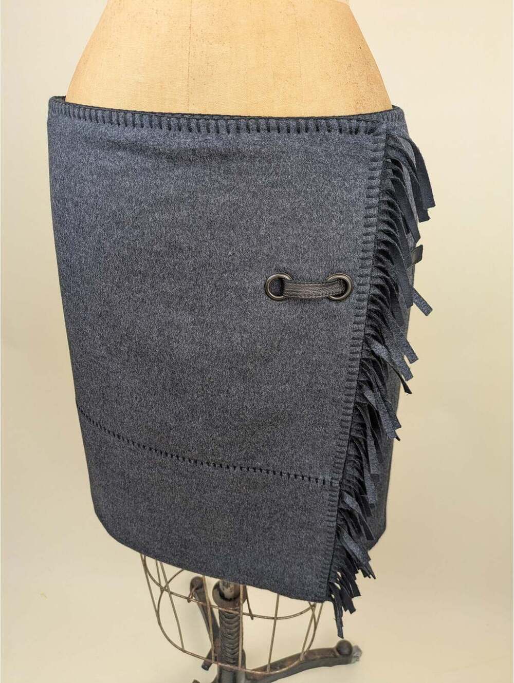 y2k 2001 paco rabanne grey wool fringe wrap skirt